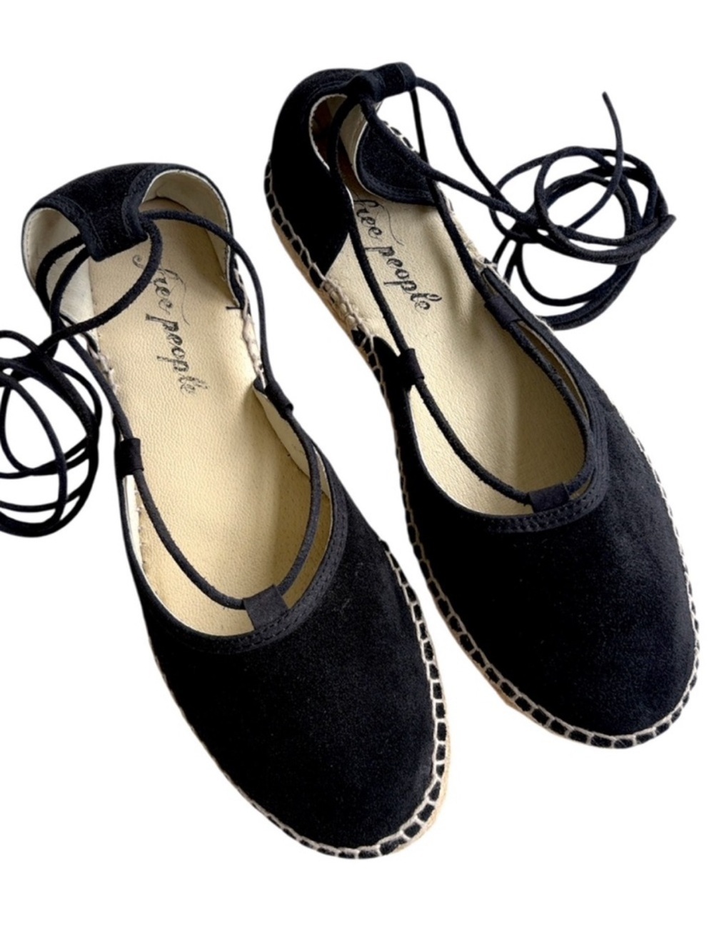 EUC Free People Leather Marina Ankle Lace Flats Black Size 6.5